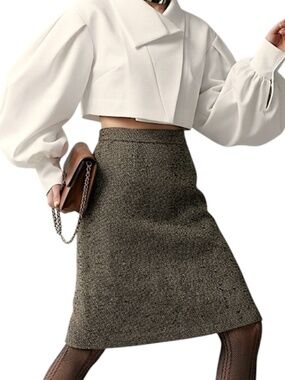 Vintage 90s Compagna Korea black grey old money knee length tweed skirt